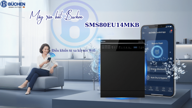 Máy Rửa Bát Tự Động Hé Cửa – Buchen SMS80EU14MKB: Nâng Tầm Sấy Khô & Diệt Khuẩn Chuẩn 5 Sao